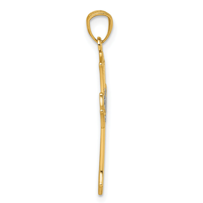 14k and Rhodium Polished Floral Cross Pendant