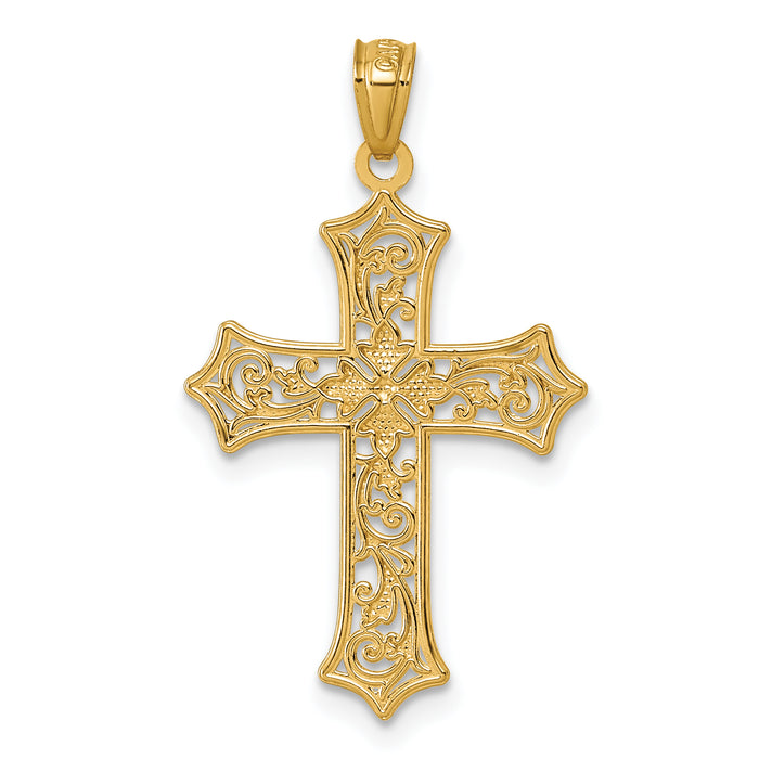 14k and Rhodium Polished Floral Cross Pendant