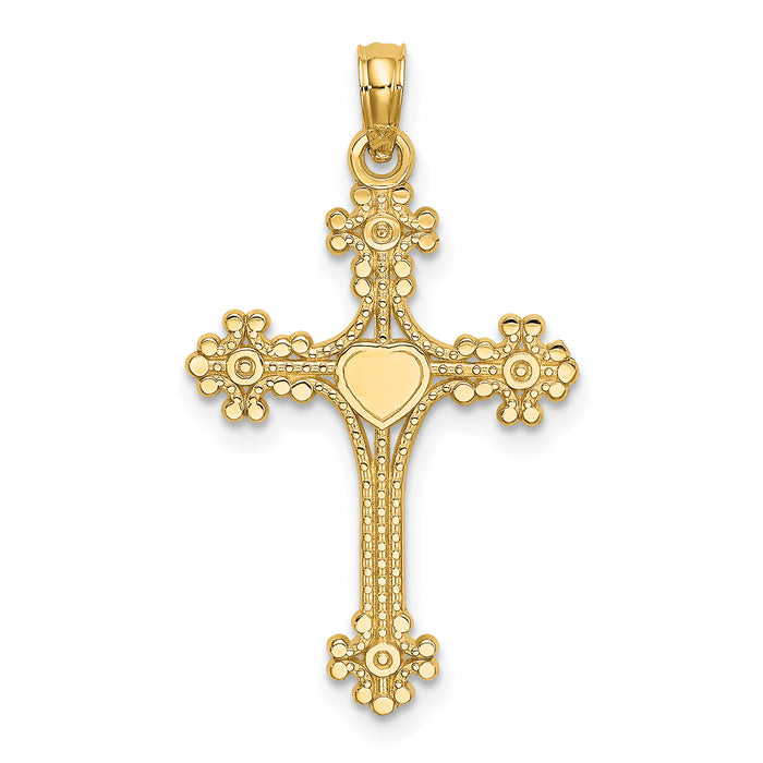 14K Beaded Tip Cross w/ Heart Center Charm