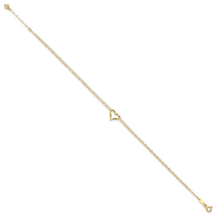 14k Double Strand Heart 9 Inch with 1 Inch extension Anklet