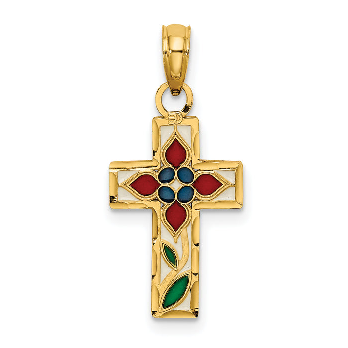 14K Enameled W/ Flower Cross Charm