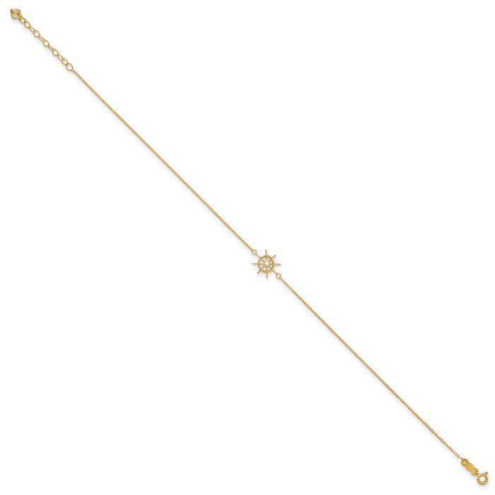 14k Polished Captains Wheel 9in Plus 1in. Ext. Anklet