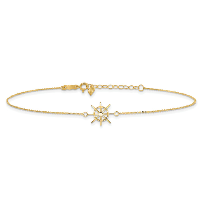 14k Polished Captains Wheel 9in Plus 1in. Ext. Anklet