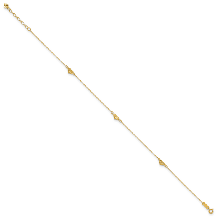 14k Polished Diamond-cut Triple Puffed Hearts 9in Plus 1in. Ext. Anklet