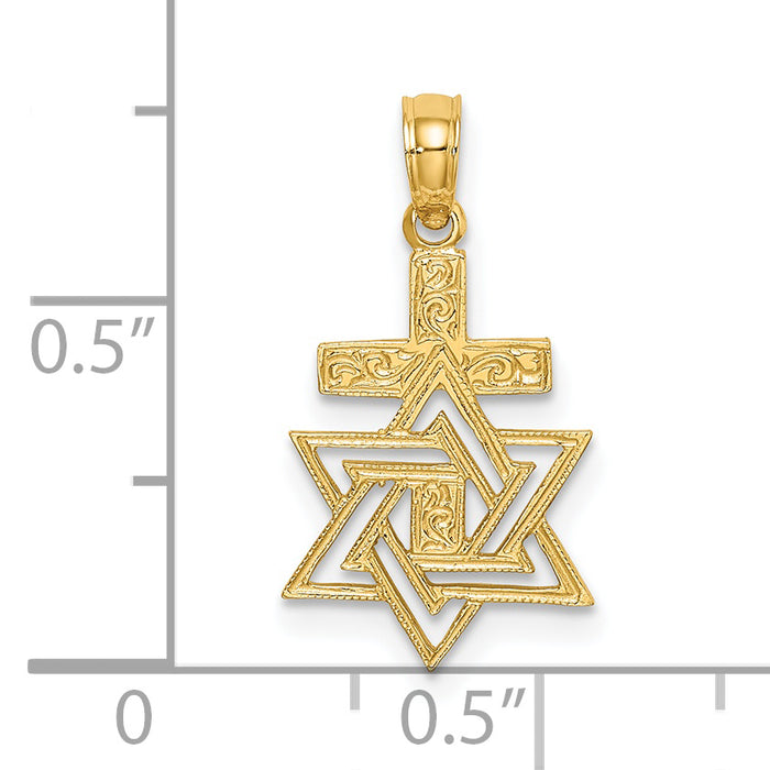 14K Polished / Engraved Star Of David and Cross Charm