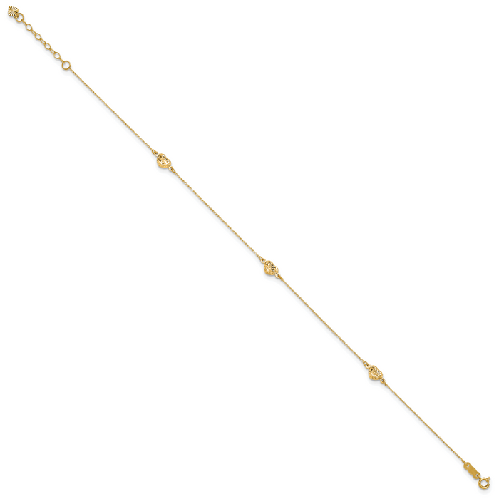 14k Puff Heart 9in Plus 1in ext. Anklet