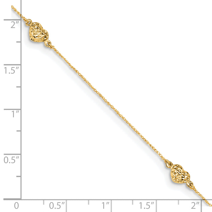 14k Puff Heart 9in Plus 1in ext. Anklet