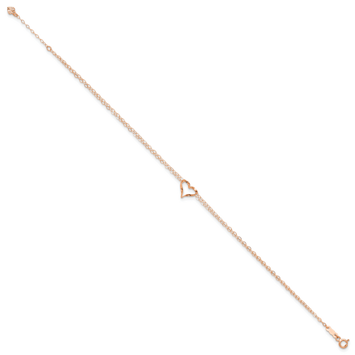 14k Rose Gold Double Strand Heart 9in Plus 1in Ext Anklet