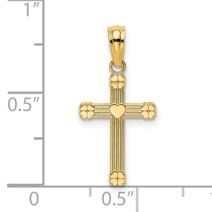 14K Textured w/ Center Heart Small Cross Charm
