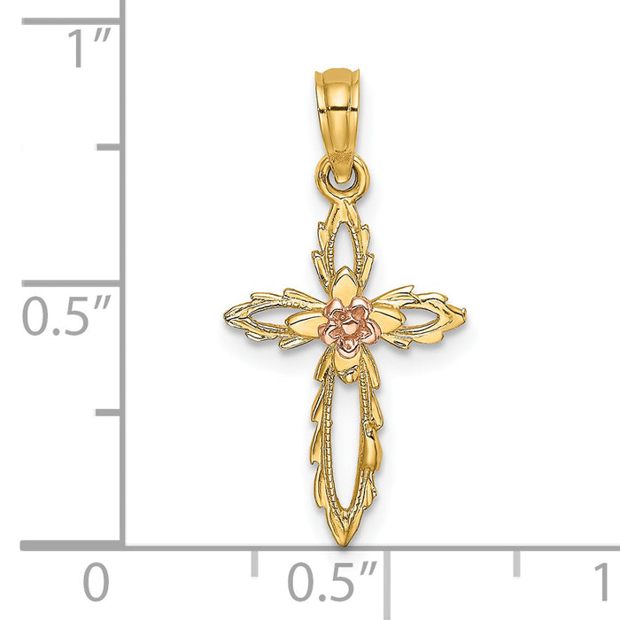 14k Two-Tone Cross w/ Cut-Out Flower Charm