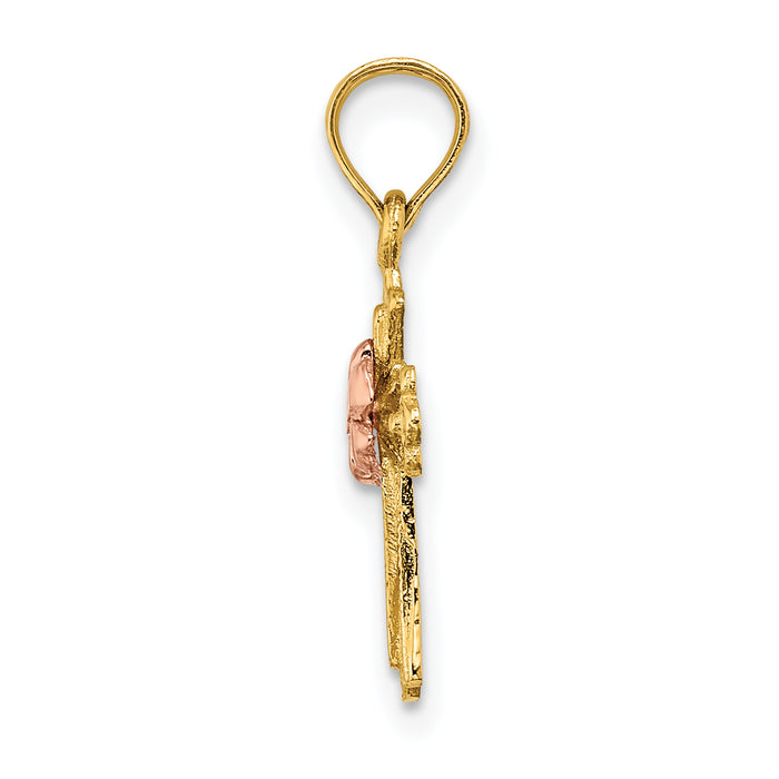 14k Two-Tone Cross w/ Small Flower Charm