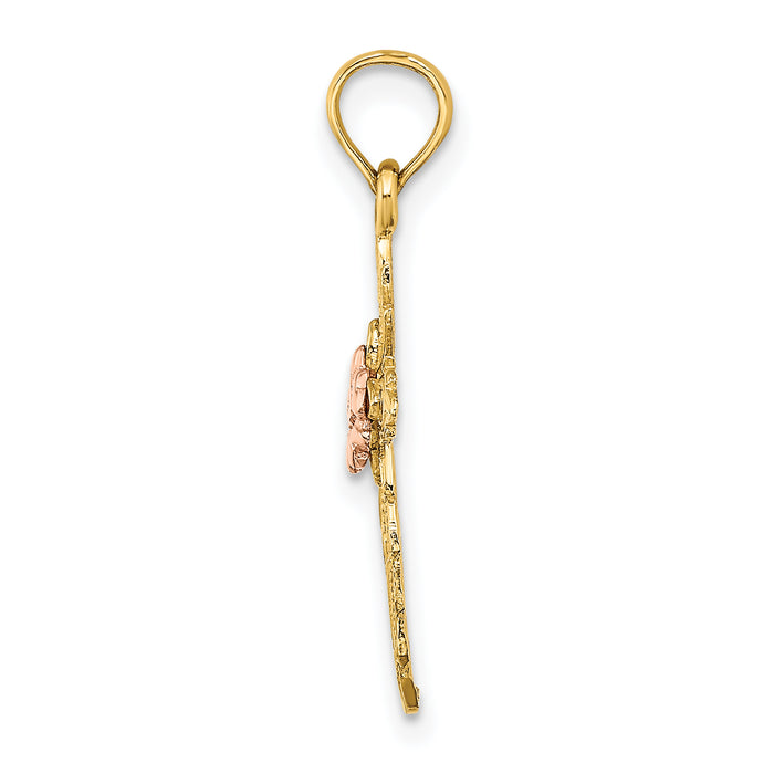 14k Two-tone Cut-Out Cross w/ Flower Charm