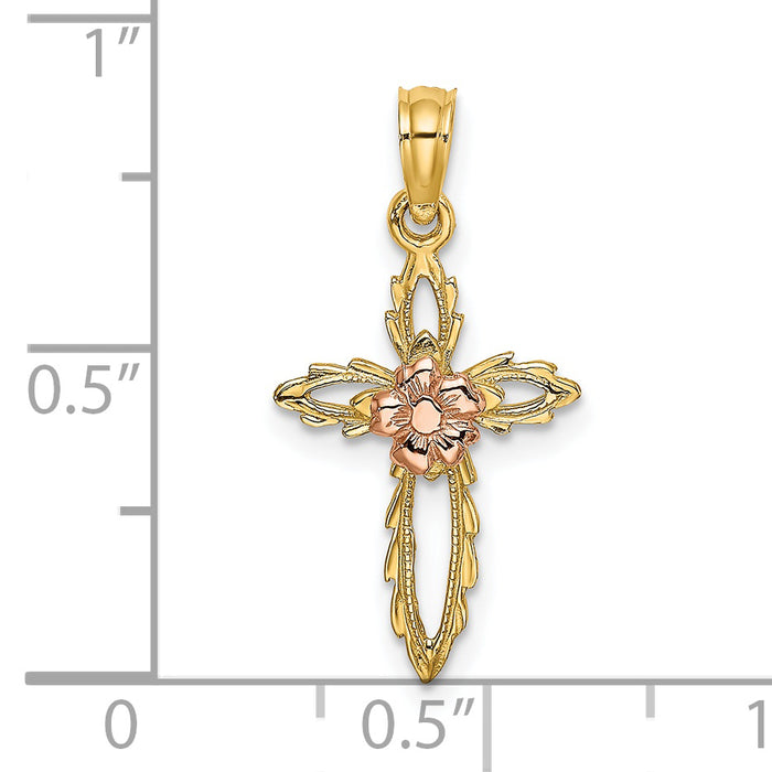 14k Two-tone Cut-Out Cross w/ Flower Charm