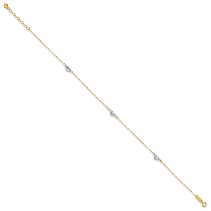 14k Two-tone Polished D/C Triple Hearts 9in w/1in. Ext. Anklet