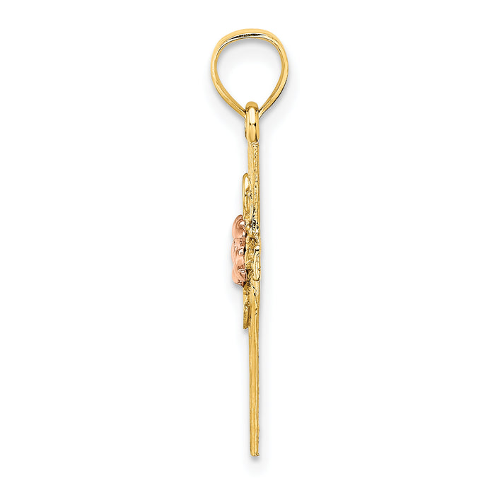14k Two-Tone Textured Cross w/ Flower Charm
