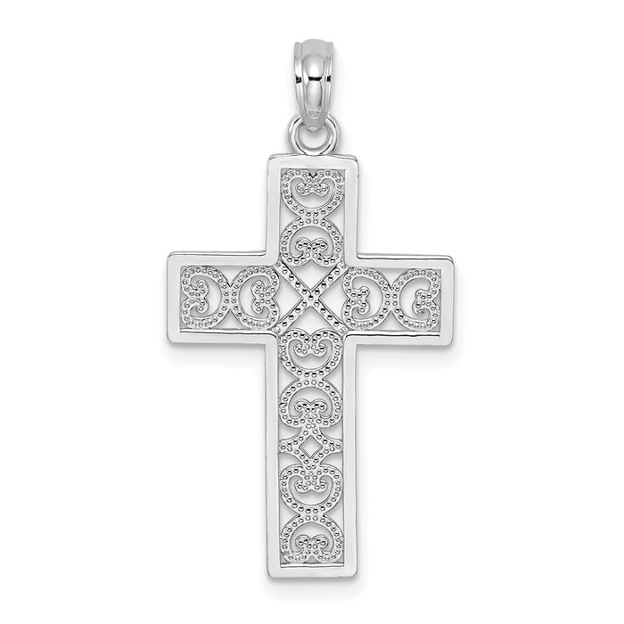 14K White Gold Polished Square Cross w/ Heart Design Charm