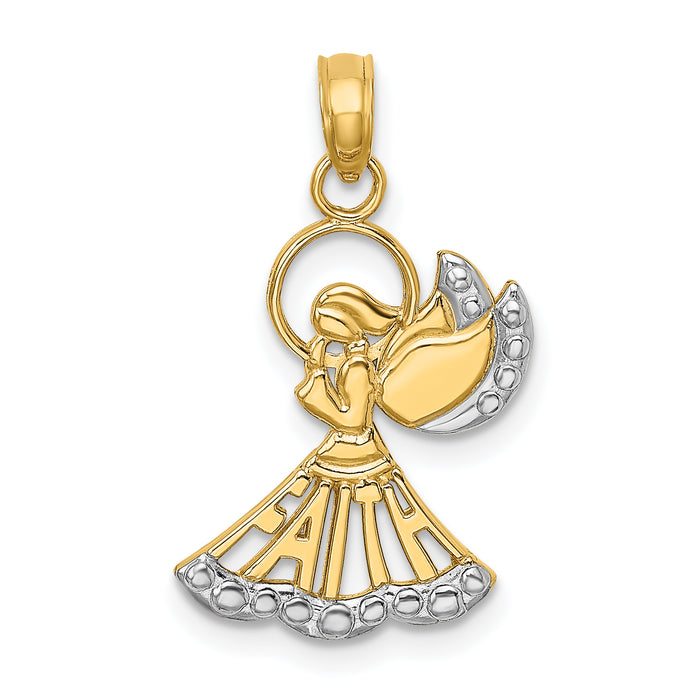 14K w/Rhodium Polished and Textured Angel W/ Faith Charm