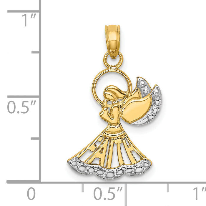 14K w/Rhodium Polished and Textured Angel W/ Faith Charm