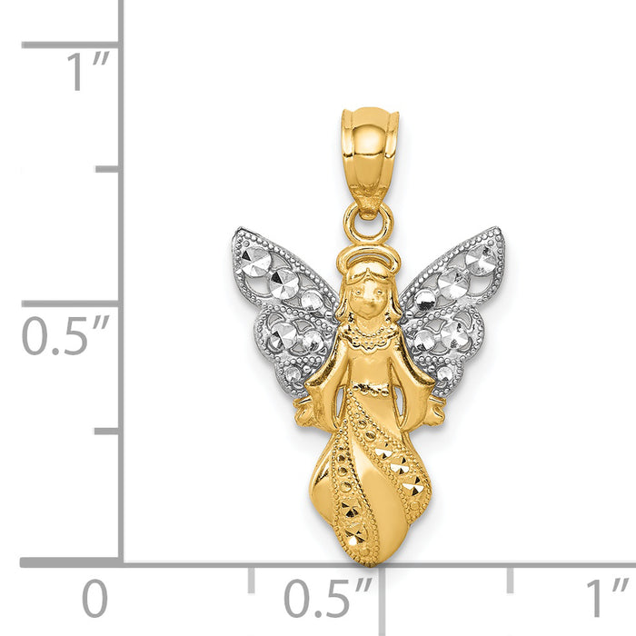 14K W/Rhodium Polished / Textured Angel Pendant