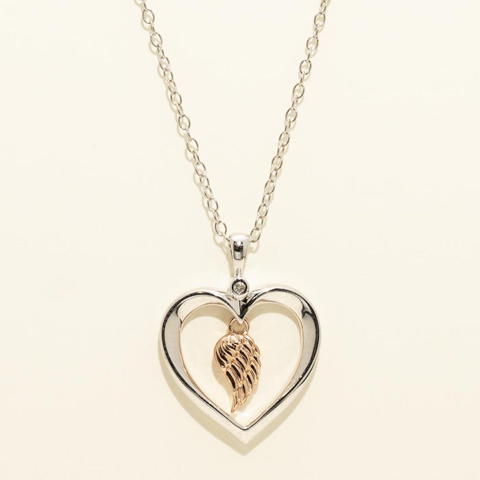 Angel Wing Heart Necklace in Sterling Silver and 10kt Rose Gold with Diamonds (.01ct tw)