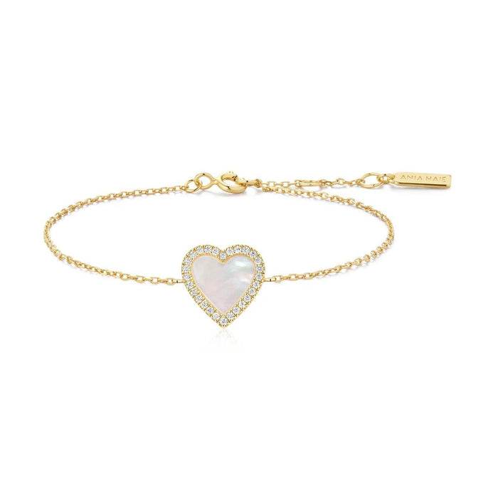 Ania Haie Mother Of Pearl Heart Bracelet in Sterling Silver with 14kt Yellow Gold Plate with Cubic Zirconia