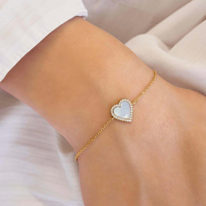 Ania Haie Mother Of Pearl Heart Bracelet in Sterling Silver with 14kt Yellow Gold Plate with Cubic Zirconia
