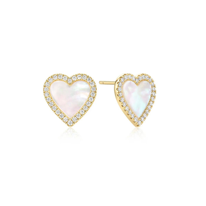 Ania Haie Mother of Pearl Heart Stud Earrings in Sterling Silver with 14kt Gold Plate with Cubic Zirconia