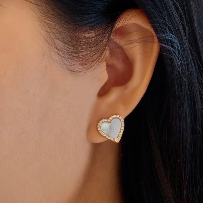 Ania Haie Mother of Pearl Heart Stud Earrings in Sterling Silver with 14kt Gold Plate with Cubic Zirconia