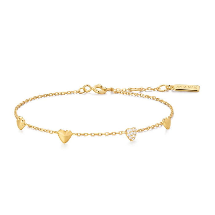 Ania Haie Puff Heart Station Bracelet in Sterling Silver with 14kt Yellow Gold Plate with Cubic Zirconia