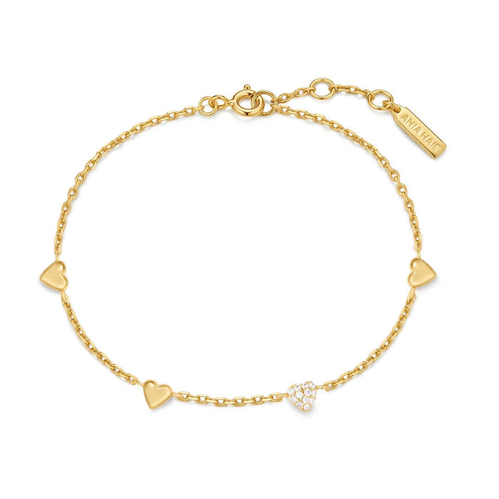 Ania Haie Puff Heart Station Bracelet in Sterling Silver with 14kt Yellow Gold Plate with Cubic Zirconia