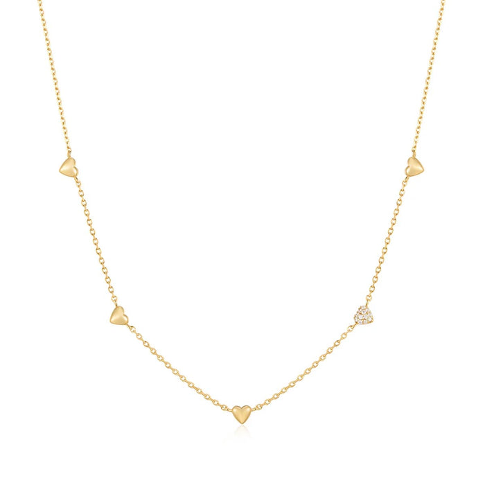 Ania Haie Puff Heart Station Necklace in Sterling Silver with 14kt Yellow Gold Plate with Cubic Zirconia