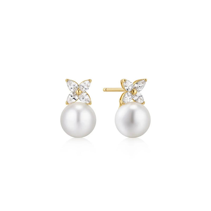 Ania Haie Shell Pearl and Cubic Zirconia Stud Earrings in Sterling Silver with 14kt Yellow Gold Plate