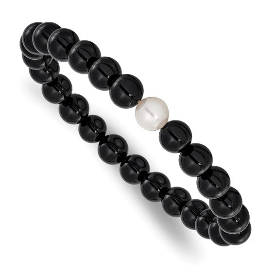 Black Onyx and White Freshwater Cultured Pearl Stretch Bracelet