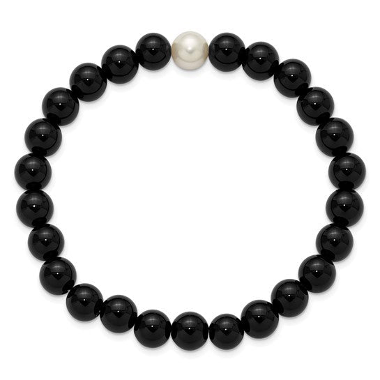 Black Onyx and White Freshwater Cultured Pearl Stretch Bracelet