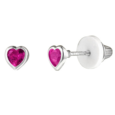 Children July Cubic Zirconia Birthstone Heart Stud Earrings in Sterling Silver