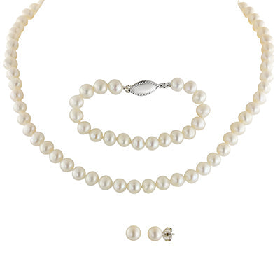 Childrens Freshwater Pearl Earrings Necklace and Bracelet Set in Sterling Silver (5-6mm pearls)