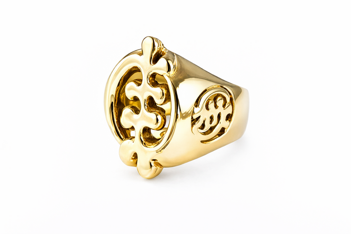 Chunky Gye Nyame Adinkra Ring with Gye Nyame symbols on a white background