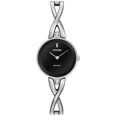 Citizen Silhouette Crystal Watch with Black Dial and Silver Toned Bangle Bracelet (23.5mm and eco-drive movement)