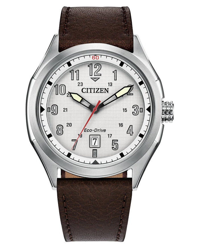 Citizen Terra Force Watch with White Dial and Brown Leather Strap (41mm and eco drive movement)