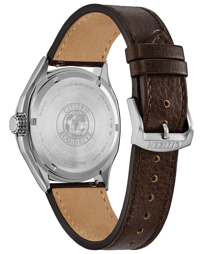 Citizen Terra Force Watch with White Dial and Brown Leather Strap (41mm and eco drive movement)