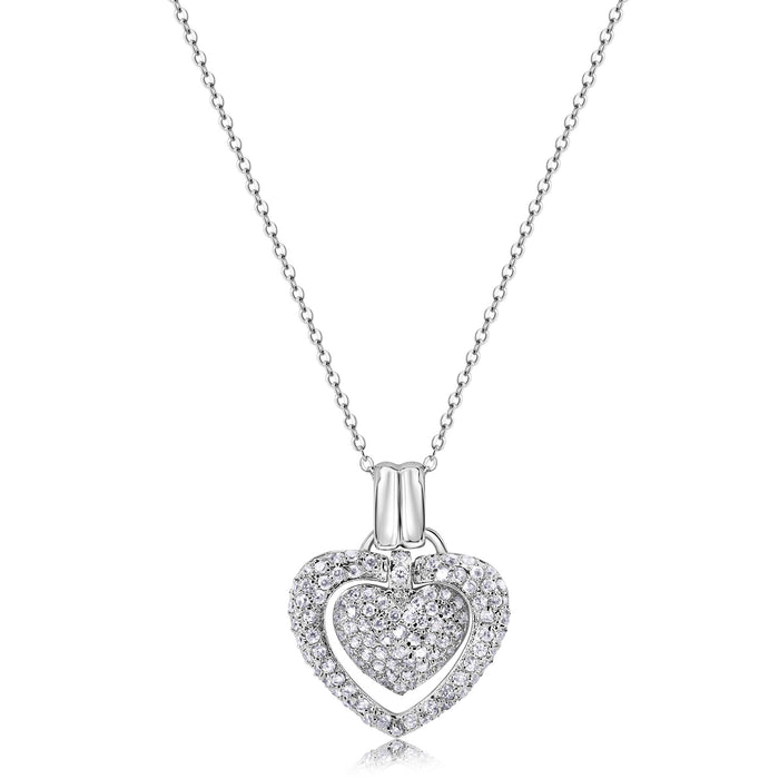 Clearance Silver 925 Clear CZ Rhodium Plated Double Heart Pendant Necklace - BGP00071CLR