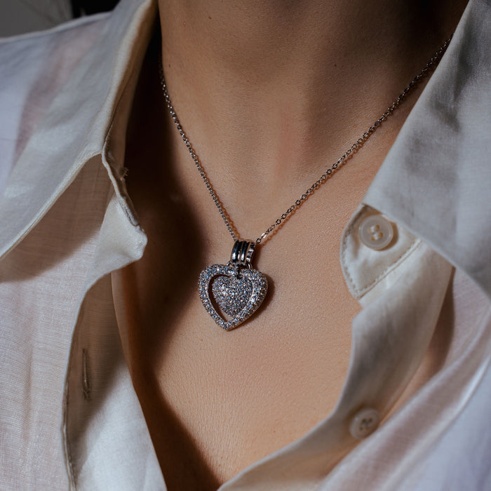 Clearance Silver 925 Clear CZ Rhodium Plated Double Heart Pendant Necklace - BGP00071CLR