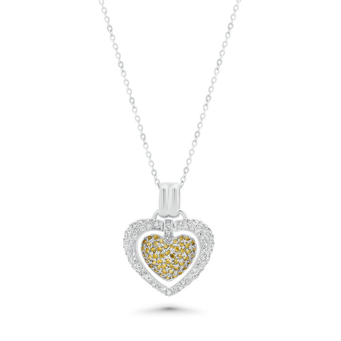 Clearance Silver 925 Clear Yellow CZ Rhodium Plated Double Heart Pendant Necklace - BGP00070