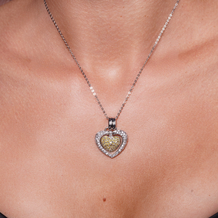 Clearance Silver 925 Clear Yellow CZ Rhodium Plated Double Heart Pendant Necklace - BGP00070