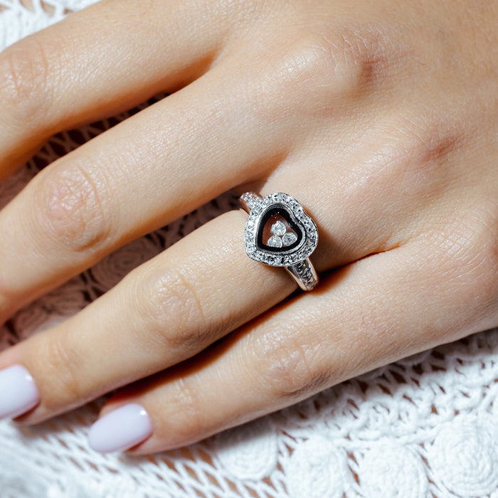 Clearance - Silver 925 Rhodium Plated Black Outlined Heart CZ Ring - STR00002