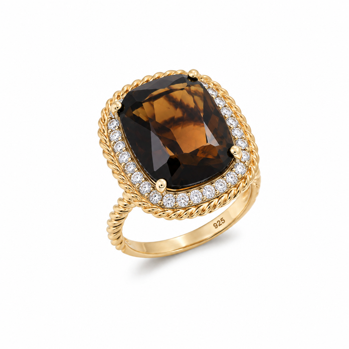 Clearance- Gold Plated 925 Silver Brown Center and Clear Cluster CZ Cocktail Ring - STR00503