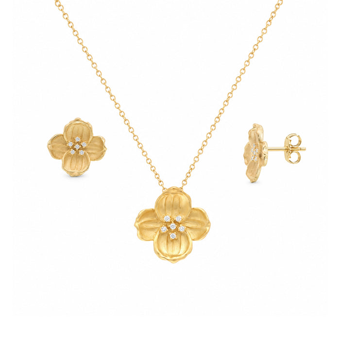 Clearance- Gold Plated 925 Sterling Silver Flower CZ Stud Earring and Necklace Set - STS00221