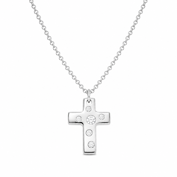 Clearance- Rhodium Plated 925 Silver High Polish Cross Multi Clear CZ Pendant Necklace - BGN00013