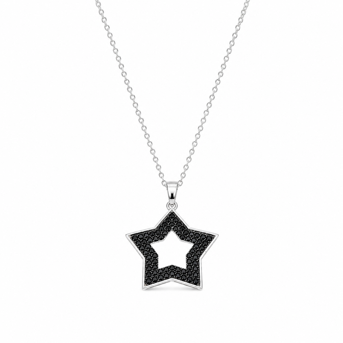 Clearance- Rhodium Plated 925 Silver Open Star Micro Pave Black CZ Pendant - ACP00027BLK