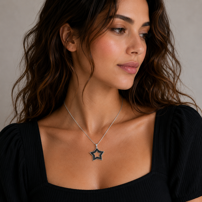 Clearance- Rhodium Plated 925 Silver Open Star Micro Pave Black CZ Pendant - ACP00027BLK